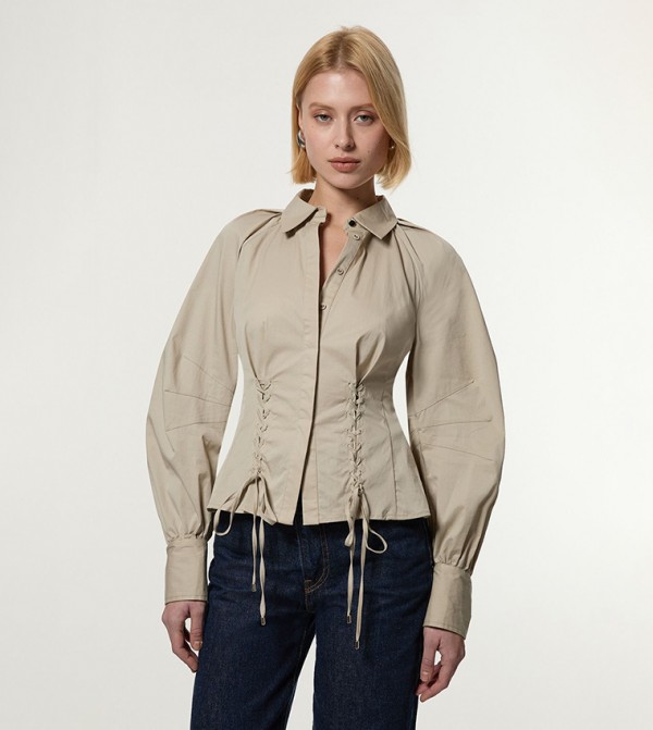Lace-Up Detail Balloon Sleeves Shirt