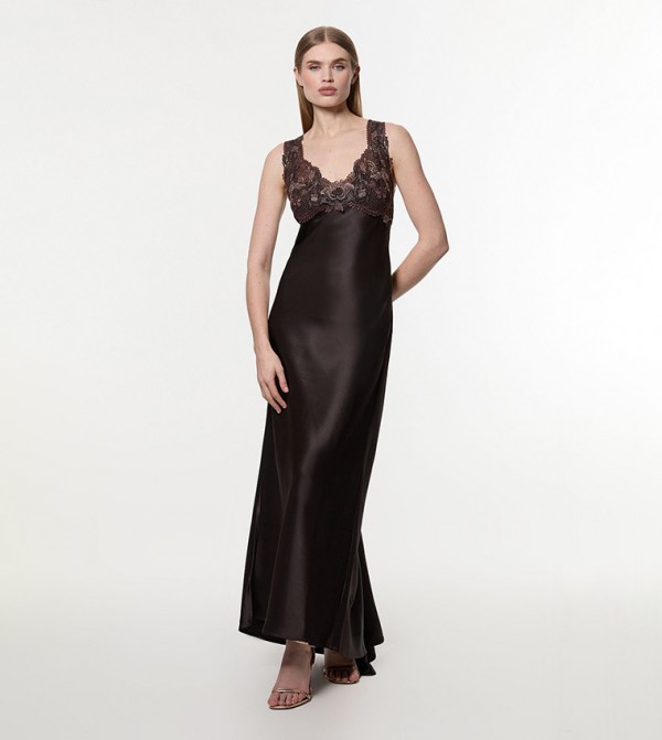 Satin Guipure Lace Detail Maxi Dress