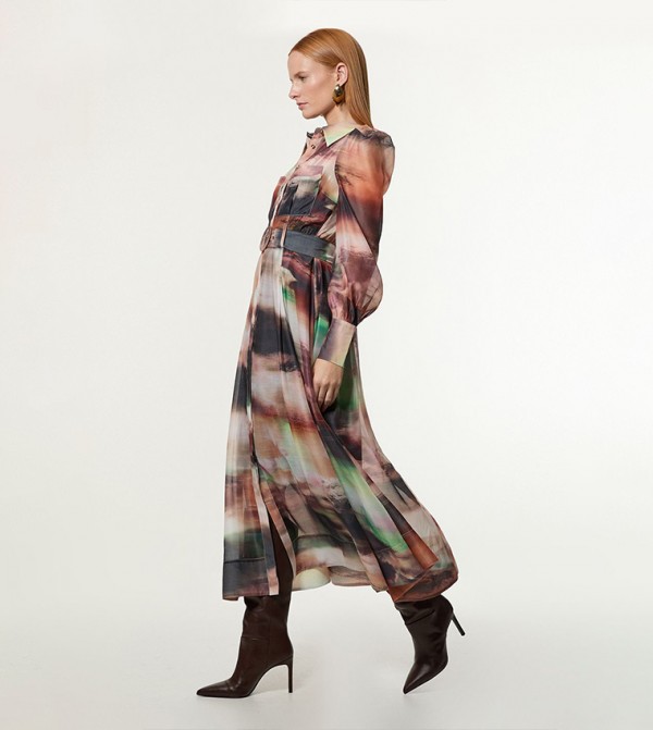 Tall Marbled Organdie Belted Woven Midi Dress