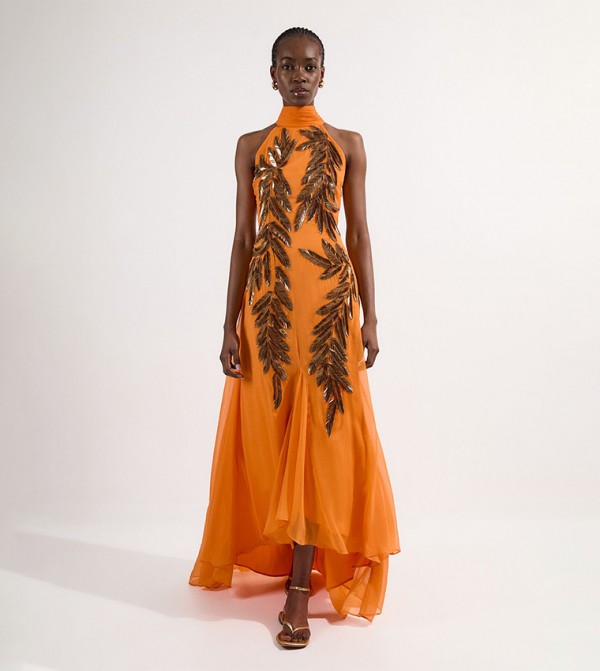 Feather Sequined Halterneck Maxi Dress