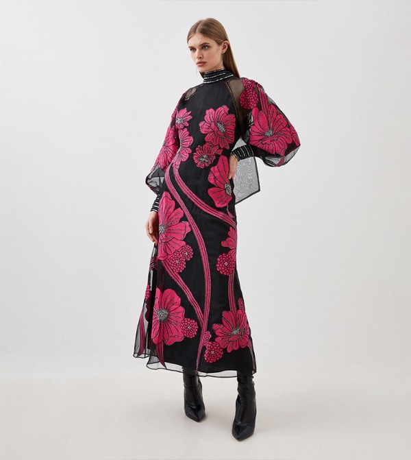 Tall Appliqued Organdie Floral Printed Graphic Maxi Dress