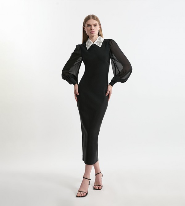 Bandage Collared Knitted Midi Dress with Sheer Sleeve