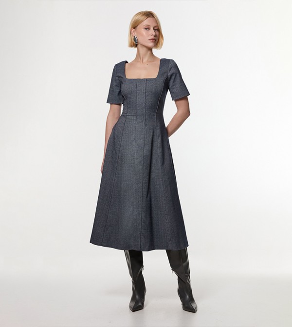 Herringbone Flared Tailored Midi Dress