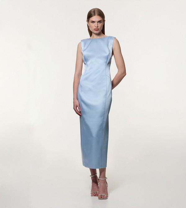 Structured Viscose Satin Stitch Detail Pencil Maxi Dress