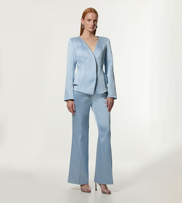 Structured Viscose Satin Stitch Detail Tailored Kick Flared Trousers
