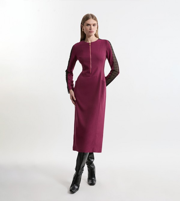Petite Tailored Twill Lace Mix Zip Front Midi Dress