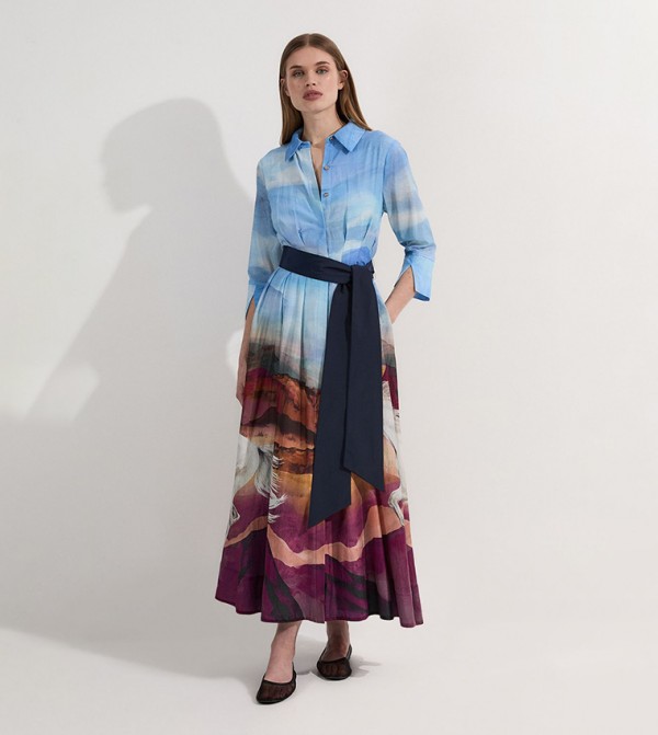 Petite Silk Cotton Stallion Print Woven Belted Shirt Dress