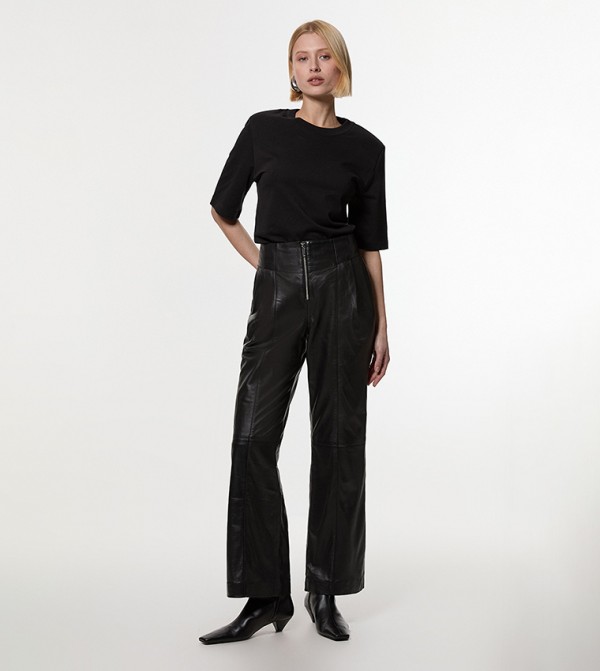 Leather Zip Detail High Waist Trousers