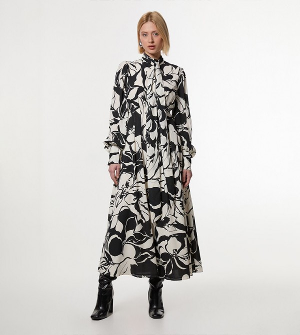 Printed Tie Neck Woven Maxi Dress