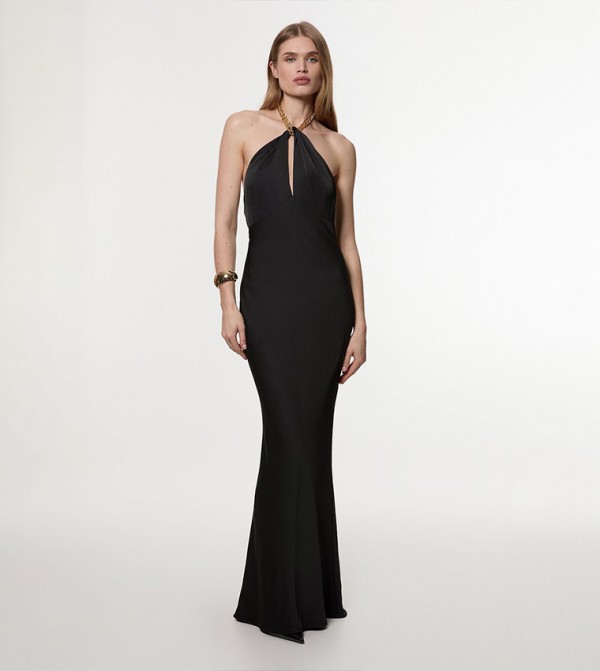 Satin Back Crepe Chain Detail Bias Midi Dress