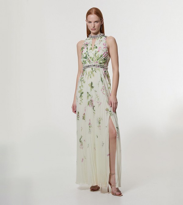Floral Halter Diamante Woven Pleated Split Maxi Dress
