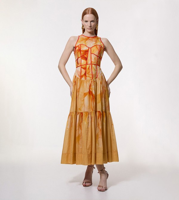 Ombre Floral Printed Silk Cotton Halter Neck Maxi Dress