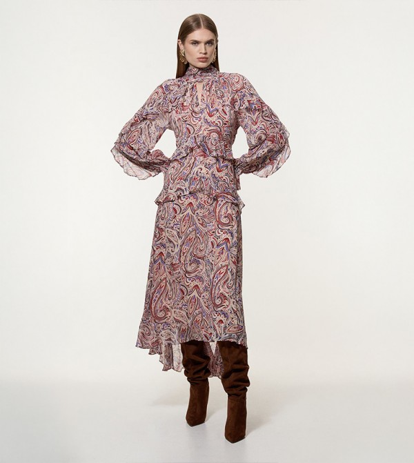 Viscose Crinkle Paisley Frill Detail Maxi Dress
