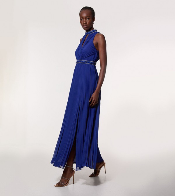 Petite Halterneck Diamante Trim Woven Pleated Maxi Dress