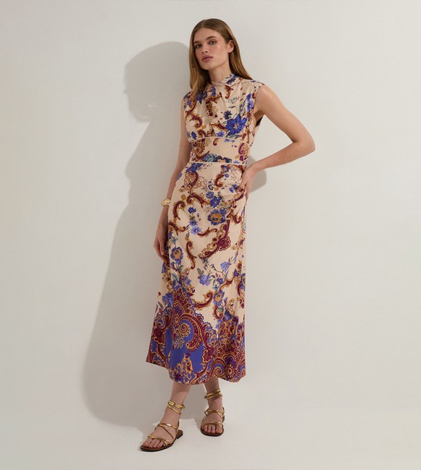 Premium Viscose Linen Paisley Border Print Midi Dress
