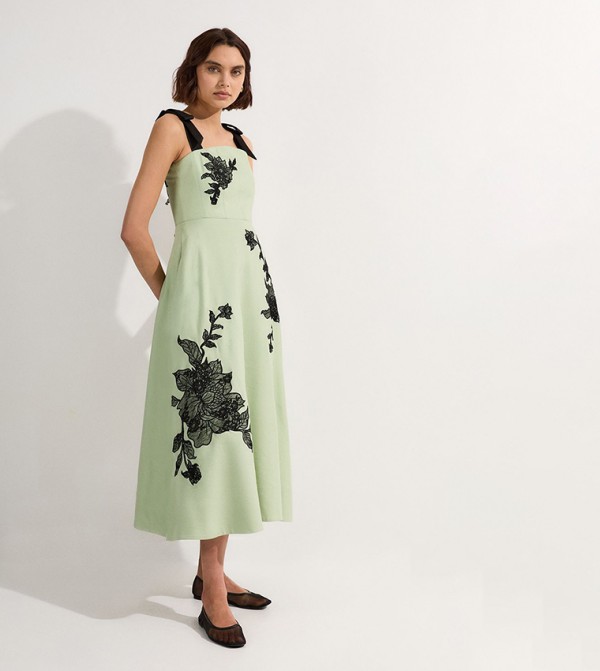 Viscose Embroidered Linen Placed Strappy Midi Dress