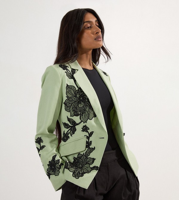 Viscose Linen Placed Floral Lace Embroidered Tailored Jacket