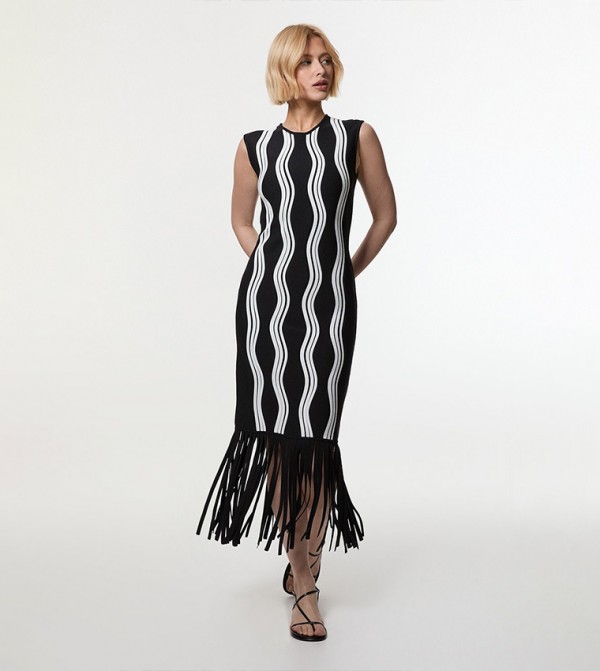 Contrast Wave Knit Dress with Fringing