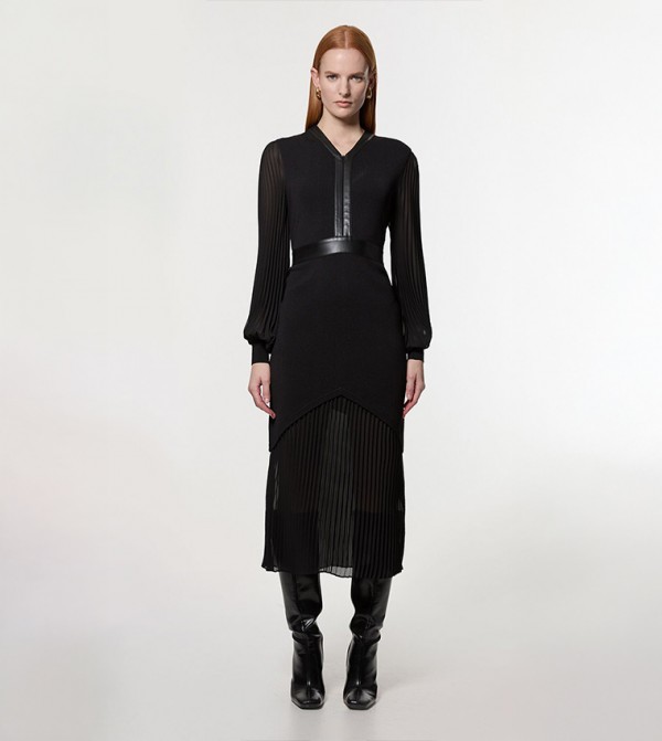 Woven Sleeves Pleated Dress