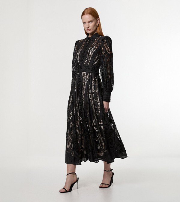 Sheer Georgette Cutwork Balloon Sleeves Woven Maxi Dress