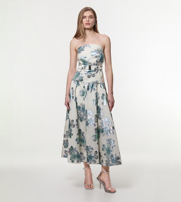 Tall Diamante Trim Bodice Metallic Jacquard Prom Dress