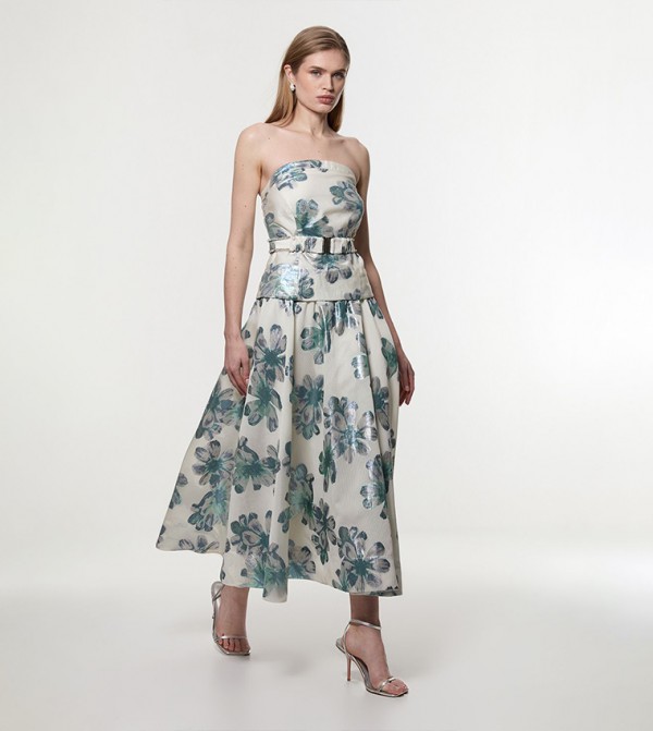 Diamante Trim Bodice Detail Metallic Jacquard Prom Dress