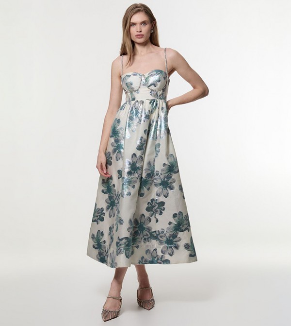 Petite Diamante Trim Bodice Detail Metallic Jacquard Midi Dress