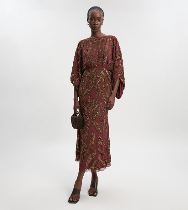 Kimono Sleeves Embellished Midi Dress