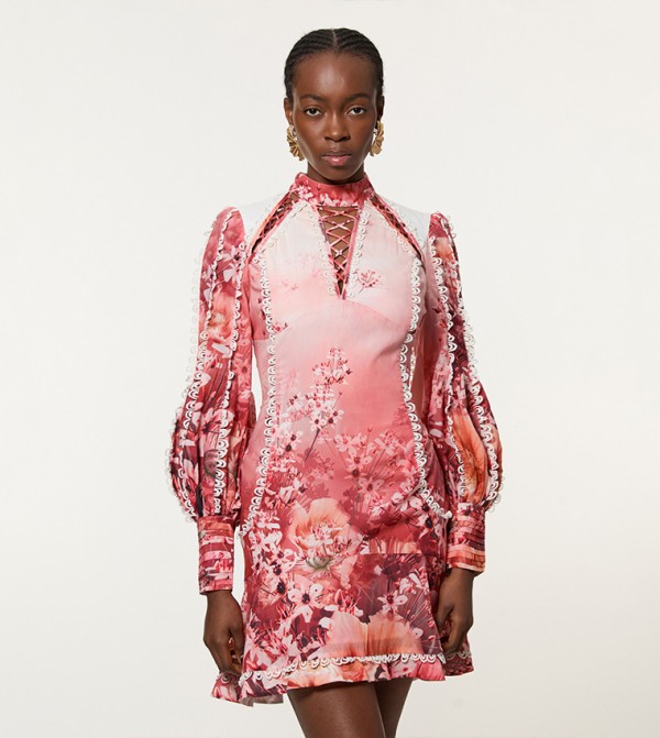 Trailing Floral Printed Woven High Neck Mini Dress
