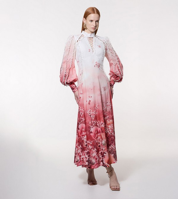 Trailing Floral Printed Woven High Neck Maxi Dress