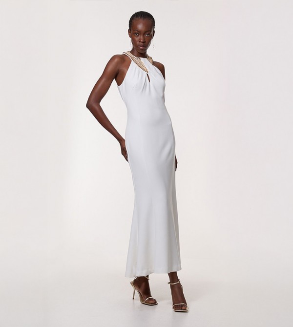 Petite Enamel Chain Detail Halter Neck Maxi Dress