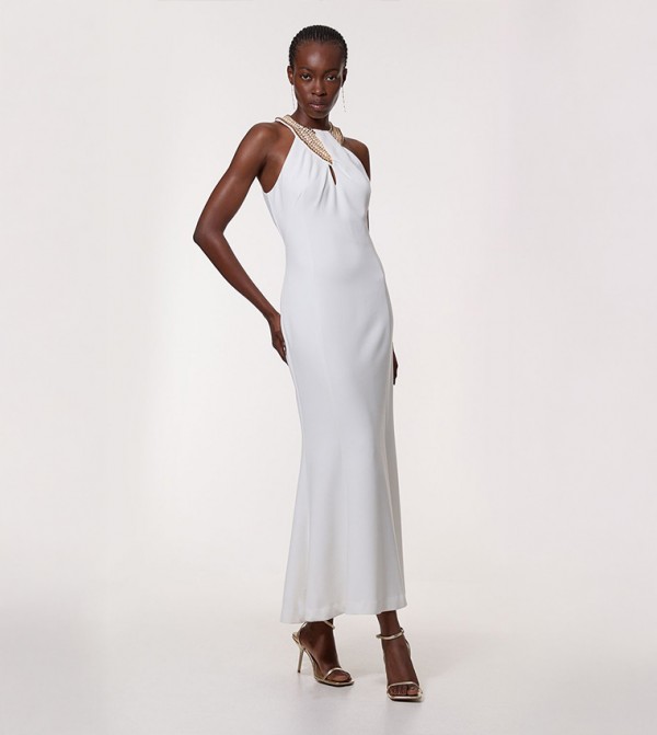 Enamel Chain Detail Halter Neck Maxi Dress