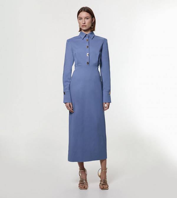 Techno Cotton Woven Maxi Dress with Clasp