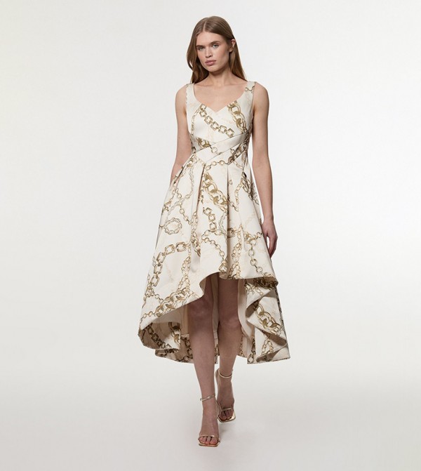 Structured Viscose Satin Chain Print Prom Midi Dress
