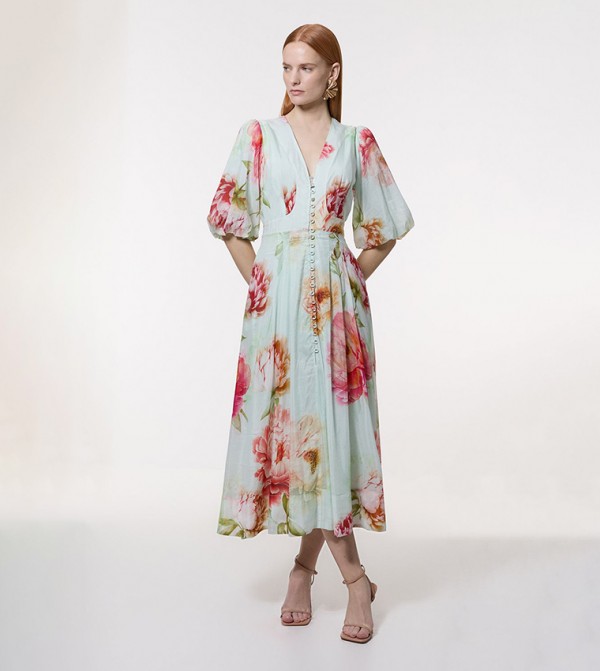 Silk Cotton Trailing Floral Puff Sleeves Midi Dress