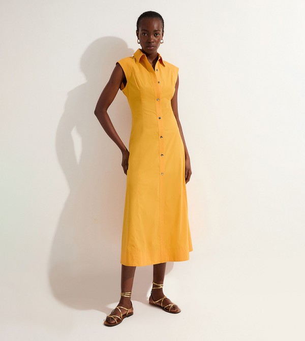 Petite Cotton Top Stitch Woven Midi Shirt Dress