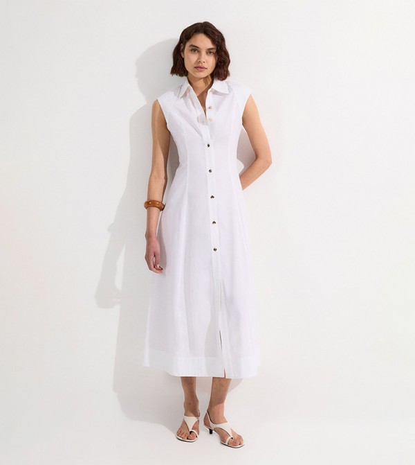 Petite Cotton Top Stitch Woven Midi Shirt Dress