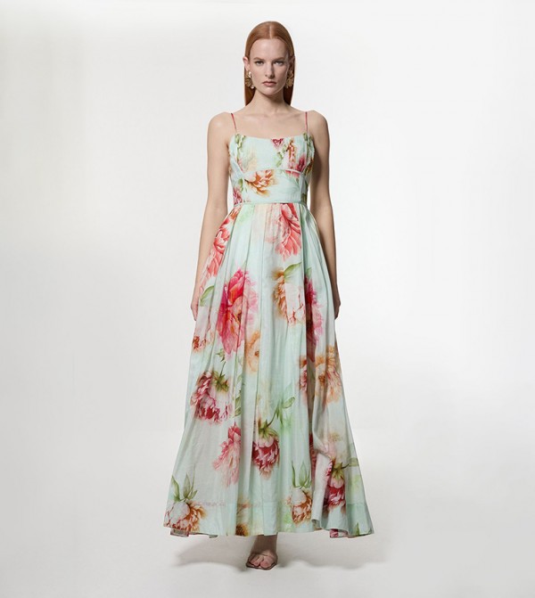 Silk Cotton Mirrored Floral Strappy Woven Maxi Dress