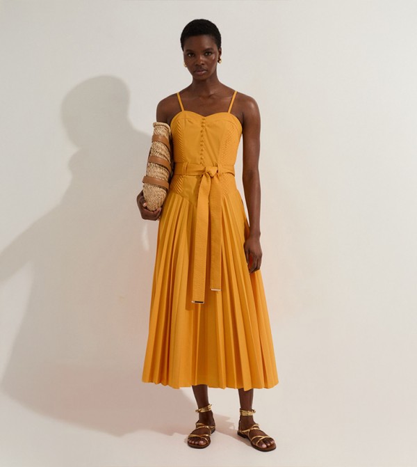 Cotton Top Stitch Dropped Waist Woven Strappy Midi Dress