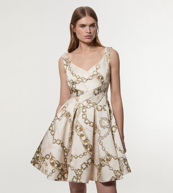 Structured Viscose Satin Chain Print Prom Mini Dress
