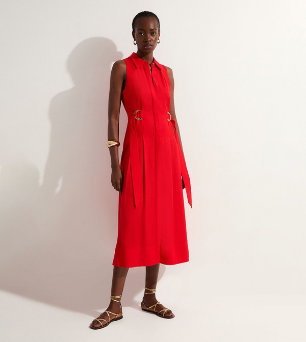 Premium Viscose Linen Topstitch Halter Neck Woven Midi Dress With D Ring Detail