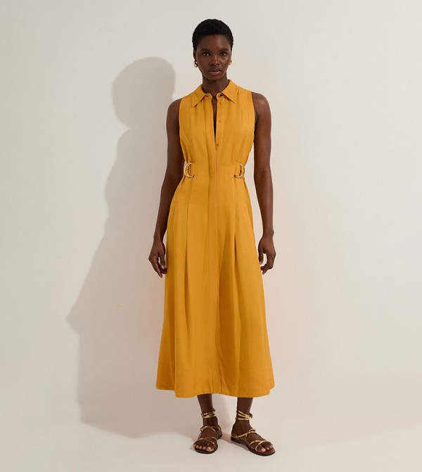 Premium Viscose Linen Topstitch Halter Neck Woven Midi Dress With D Ring Detail