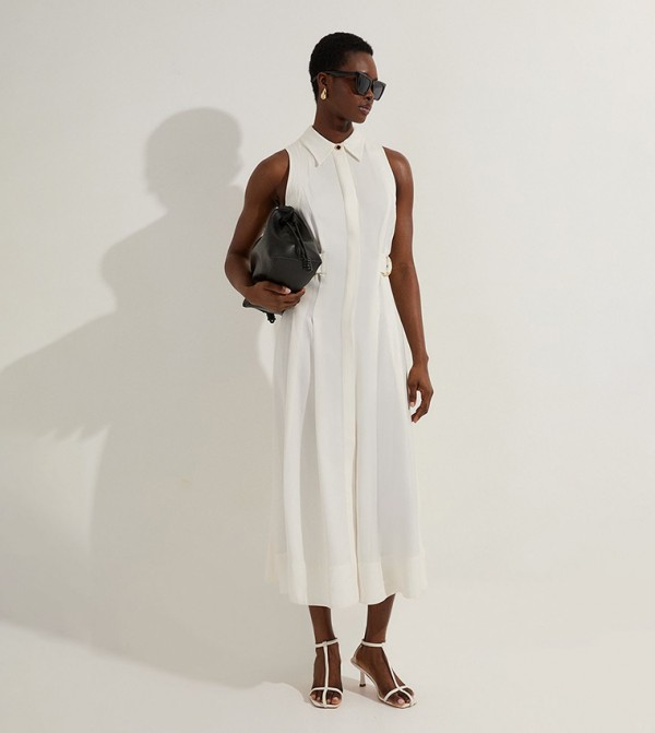 Premium Viscose Linen Topstitch Halter Neck Woven Midi Dress With D Ring Detail