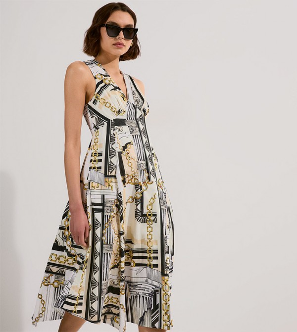 Roma Print Sateen Dipped Hem Midi Dress