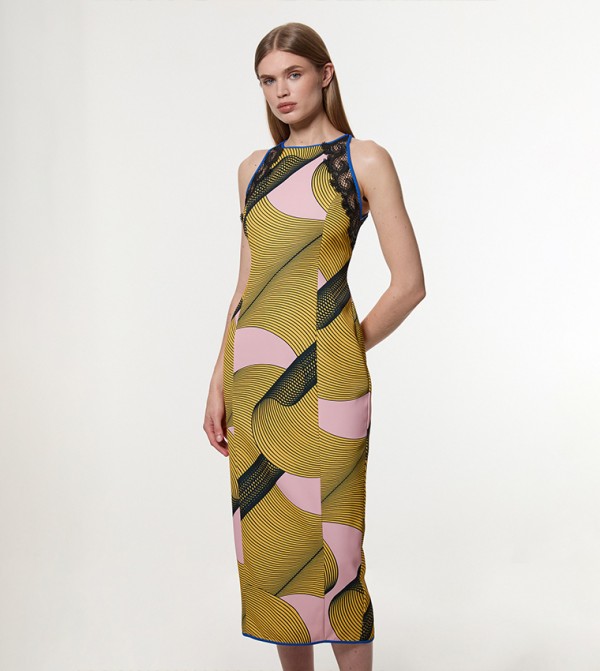 Amelia Graham Tall Printed Lace Detail Woven Midi Dress