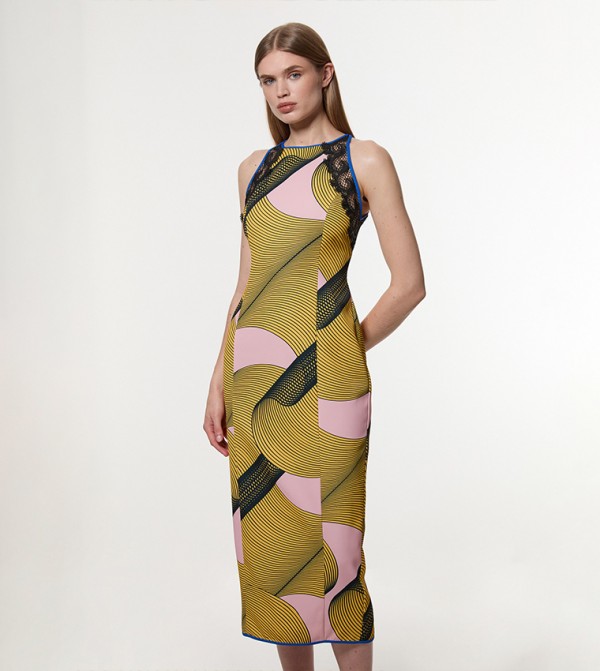 Amelia Graham Printed Cady Lace Detail Woven Midi Dress
