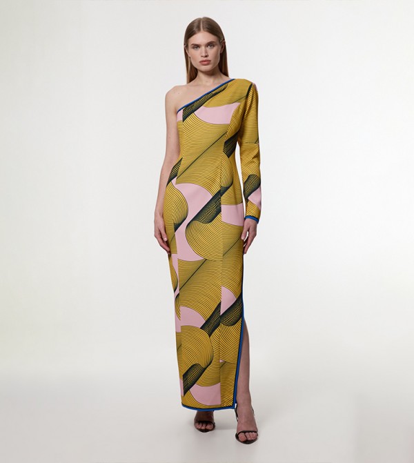 Amelia Graham Printed Cady One Shoulder Maxi Dress