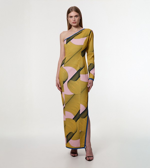 Amelia Graham Petite Printed Cady One Shoulder Maxi Dress