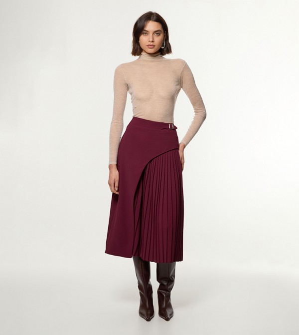 Petite Tailored Buckle Detail Pleated Midi Skirt