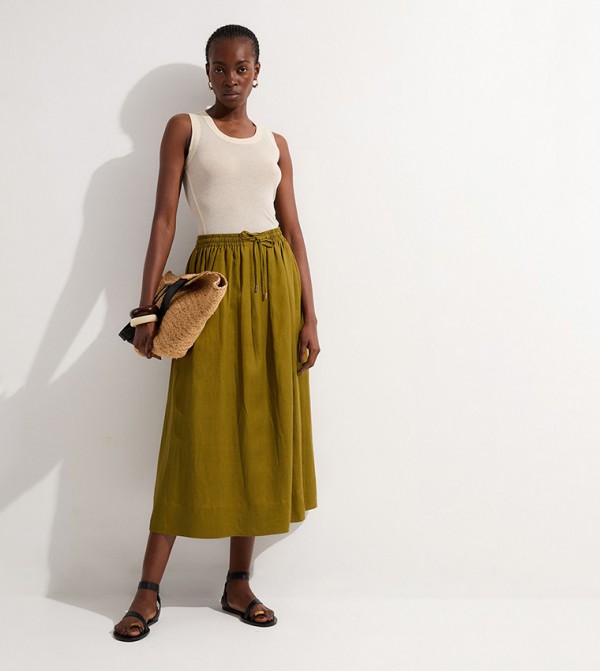 Viscose Linen Tie Waist Woven Full Midi Skirt